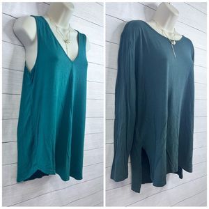 Bundle V Neck Flowy Green Tank & Wide Neck Forrest Green Long Sleeve Flowy Shirt
